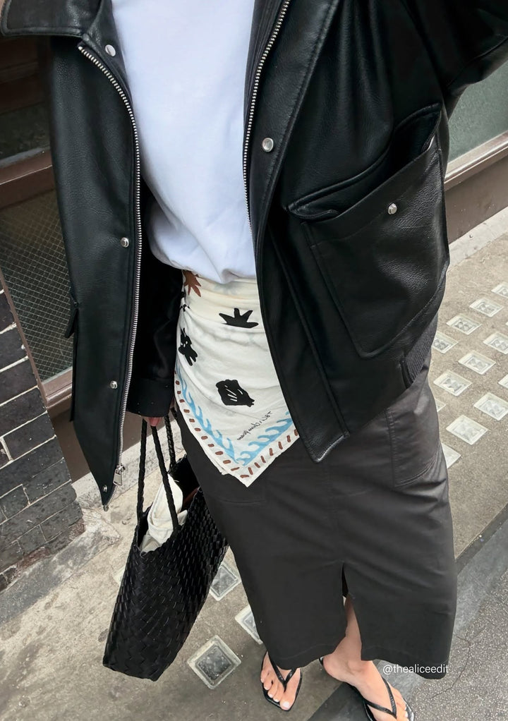 The Artist Series TBCo x Chiara Perano Cotton Scarf styled with casual black leather jacket and skirt by TBCo.