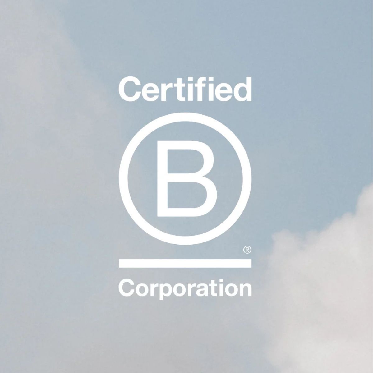 TBCo. Certified B Corporation logo displayed against a serene sky with soft clouds. A symbol of ethical business, sustainability, and commitment to responsible production