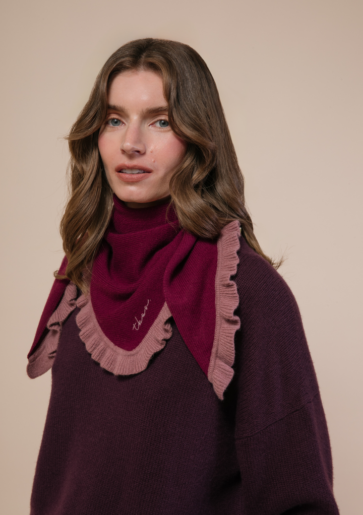 Merino Wool Triangle Scarf in Burgundy Ruffle
