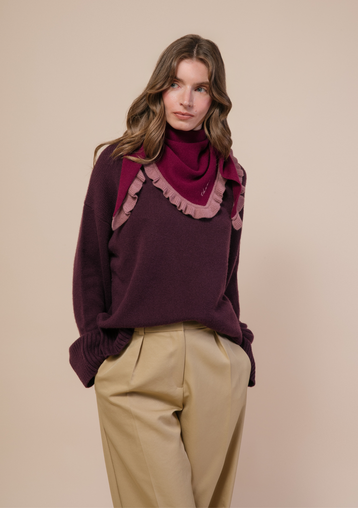 Merino Wool Triangle Scarf in Burgundy Ruffle