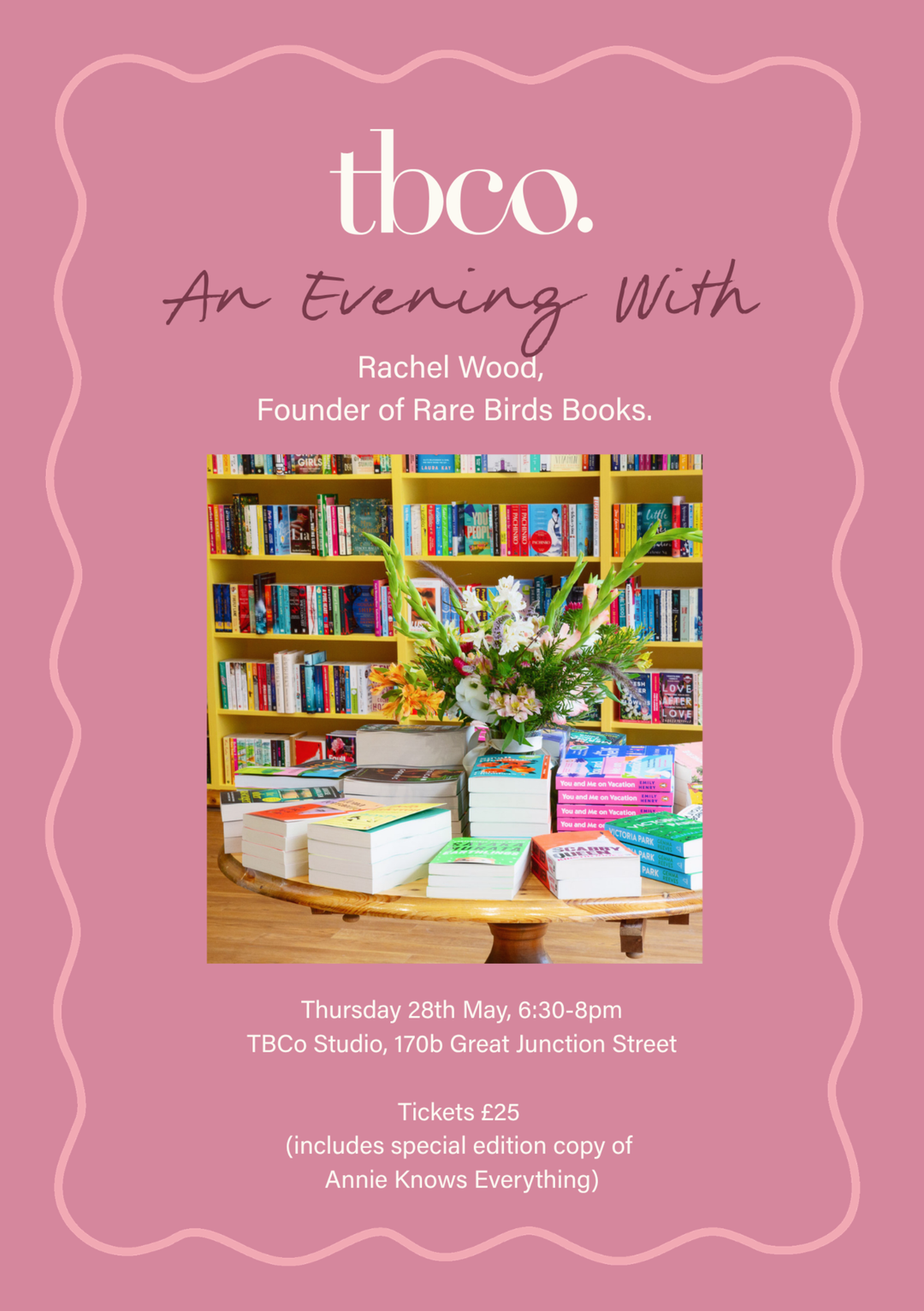 Book display with flowers at TBCo studio for An Evening With Rare Birds Event, Certified B-Corp, Women-Founded, designed to make an impact