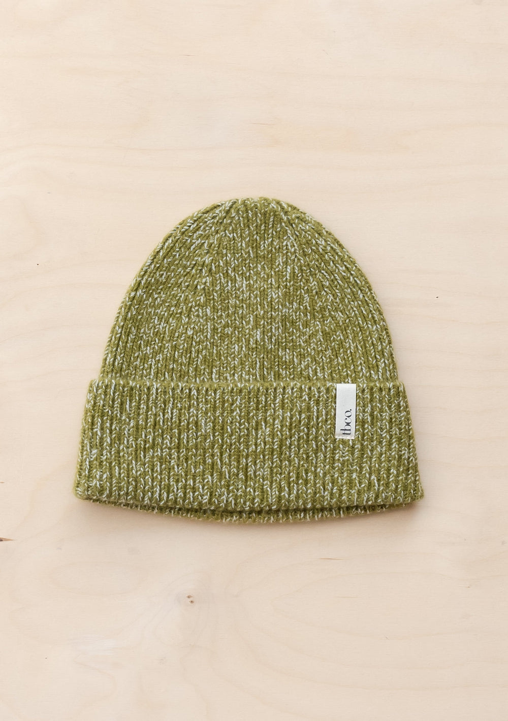 TBCo Cashmere & Merino Beanie in Olive Fleck featuring chunky knit texture and speckled green wool blend design