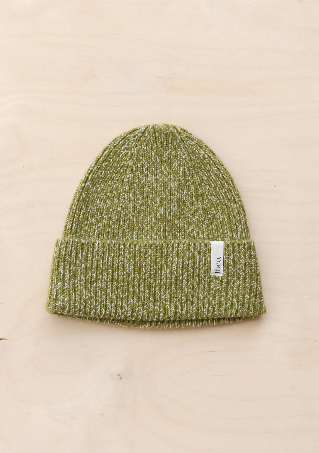 TBCo Cashmere & Merino Beanie in Olive Fleck featuring chunky knit texture and speckled green wool blend design