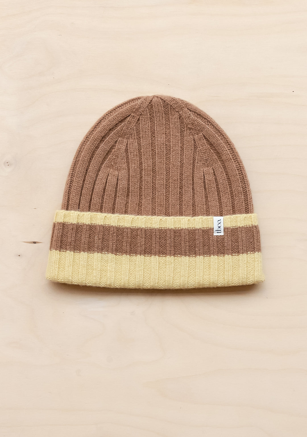 TBCo Cashmere & Merino Beanie in Buttermilk with camel ribbed texture and contrasting cream band