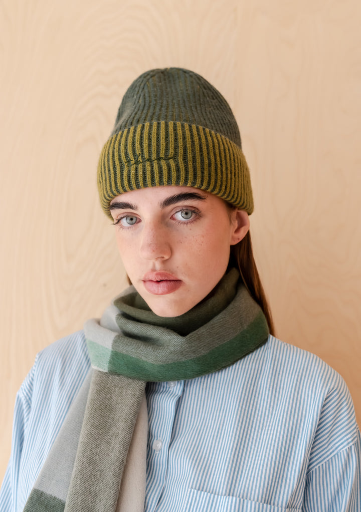 Cashmere & Merino Beanie in Olive Two-Tone
