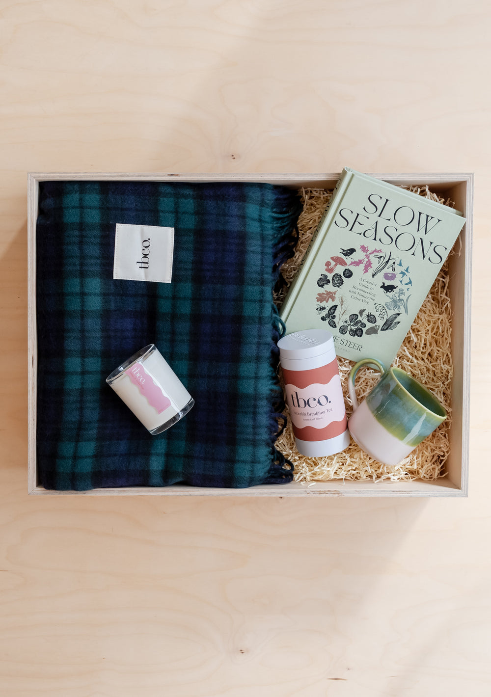 Build Your Own Tartan Gift Box by TBCo featuring tartan cloth, candle, book, mug, and eco-friendly packaging.