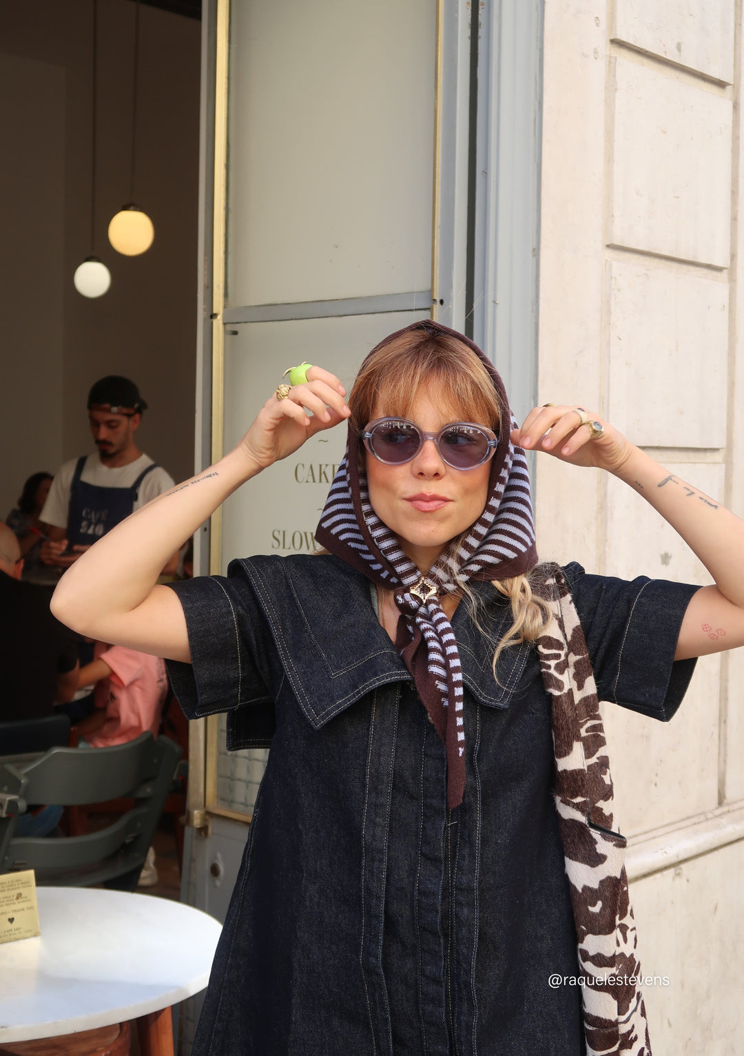Merino Wool Triangle Scarf in Blue & Brown Stripe