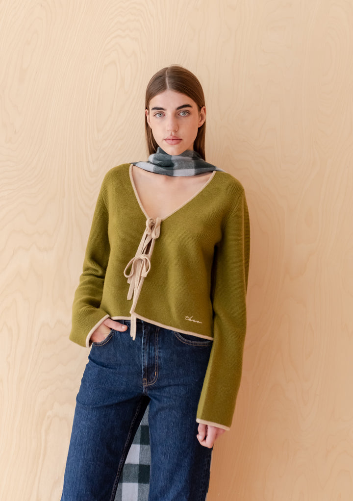 Merino Wool Tie Cardigan in Green