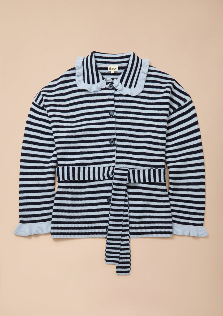 Cardigan à volants en laine mérinos TBCo x Liu à rayures bleues