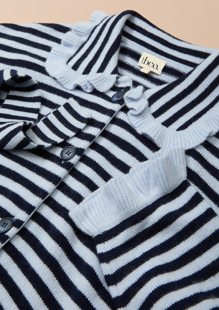 Cardigan à volants en laine mérinos TBCo x Liu à rayures bleues