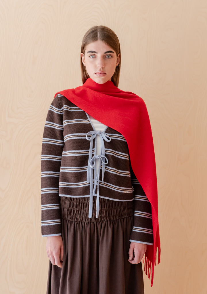 Merino Wool Tie Cardigan in Brown Stripe