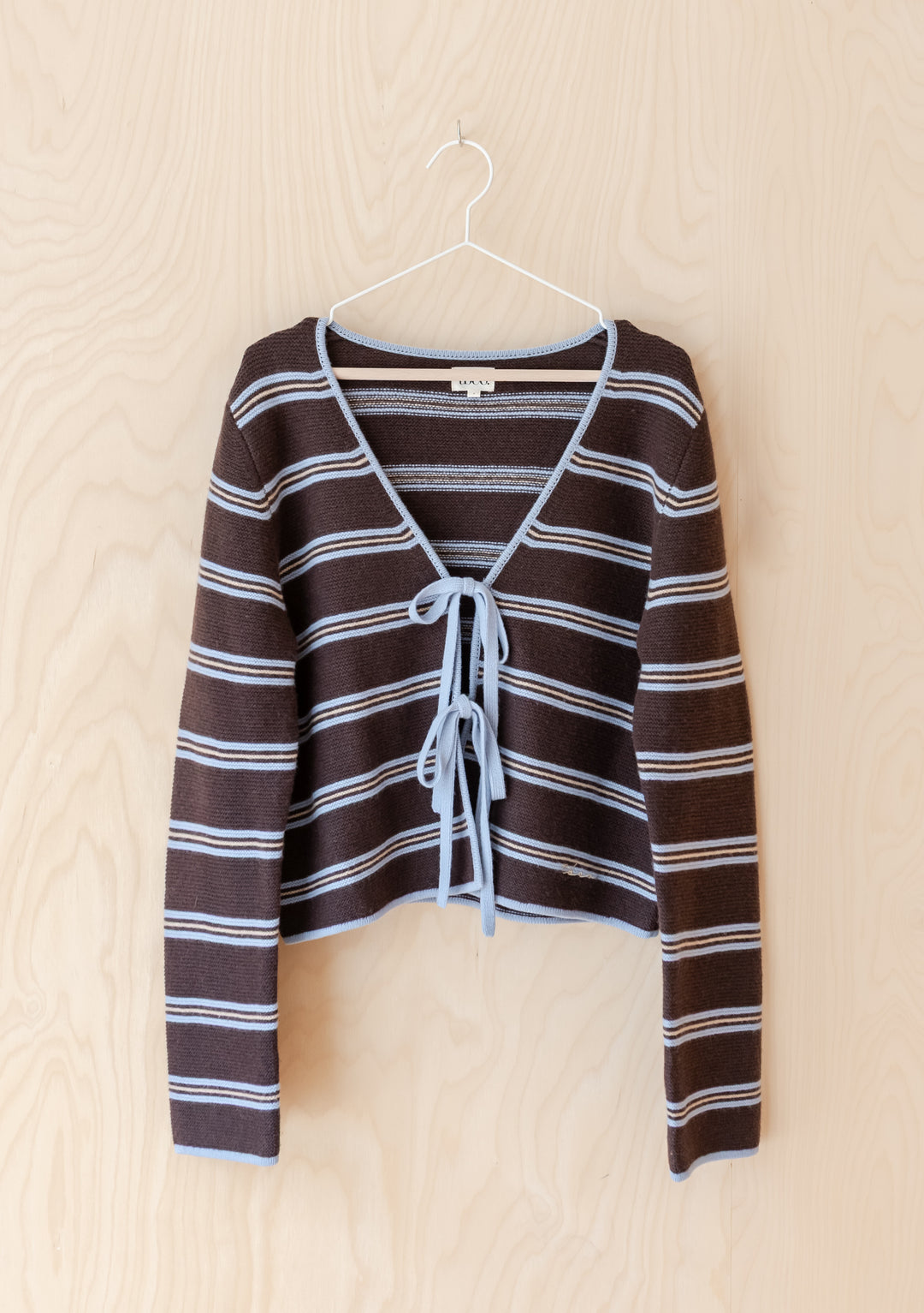 Merino Wool Tie Cardigan in Brown Stripe