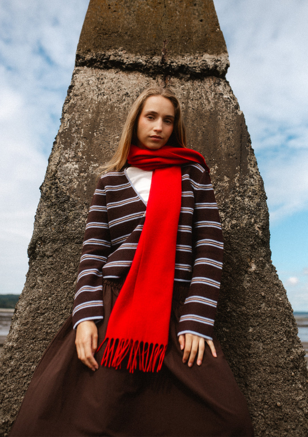 Merino Wool Tie Cardigan in Brown Stripe