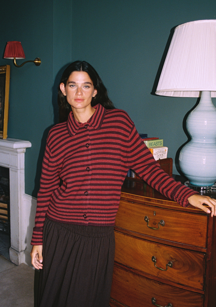 Merino Wool Chore Cardigan in Berry Stripe