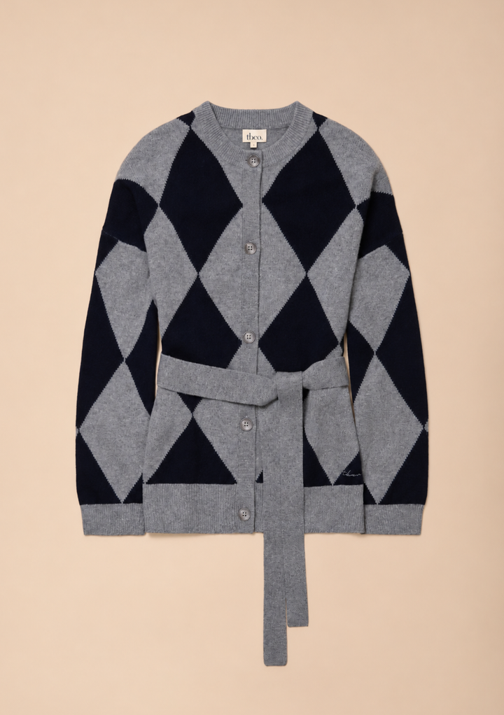 Cardigan ceinturé en laine mérinos à motif argyle gris