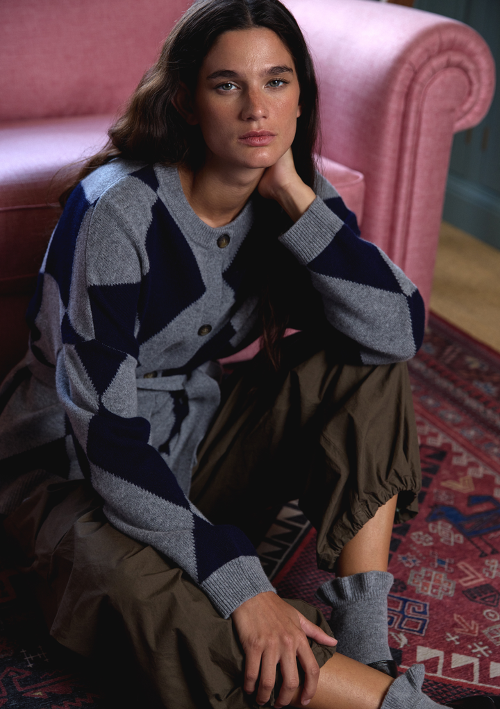 Merino Wool Belted Cardigan in Grey Argyle