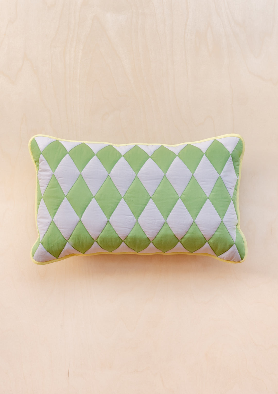 TBCo Green Argyle Cotton Cushion Cover featuring diamond pattern in sage green and white with piped edges