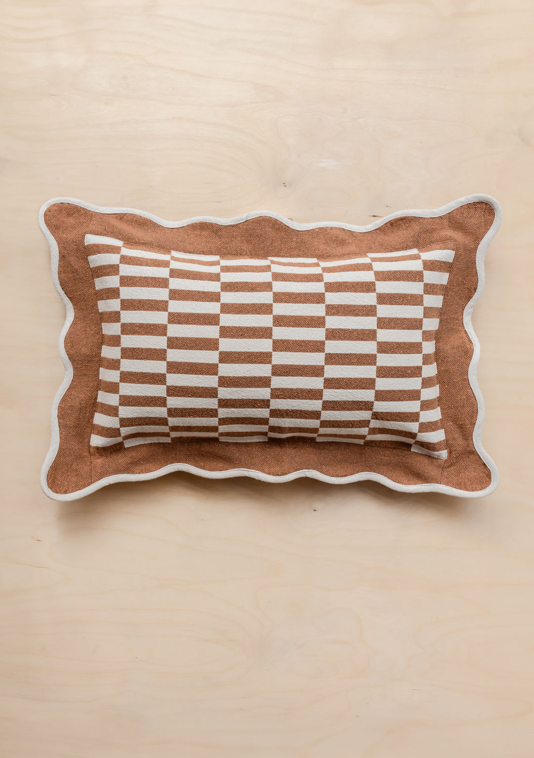 TBCo Cotton Cushion Cover in camel and cream checkerboard pattern with scalloped edges, rectangular decorative pillow