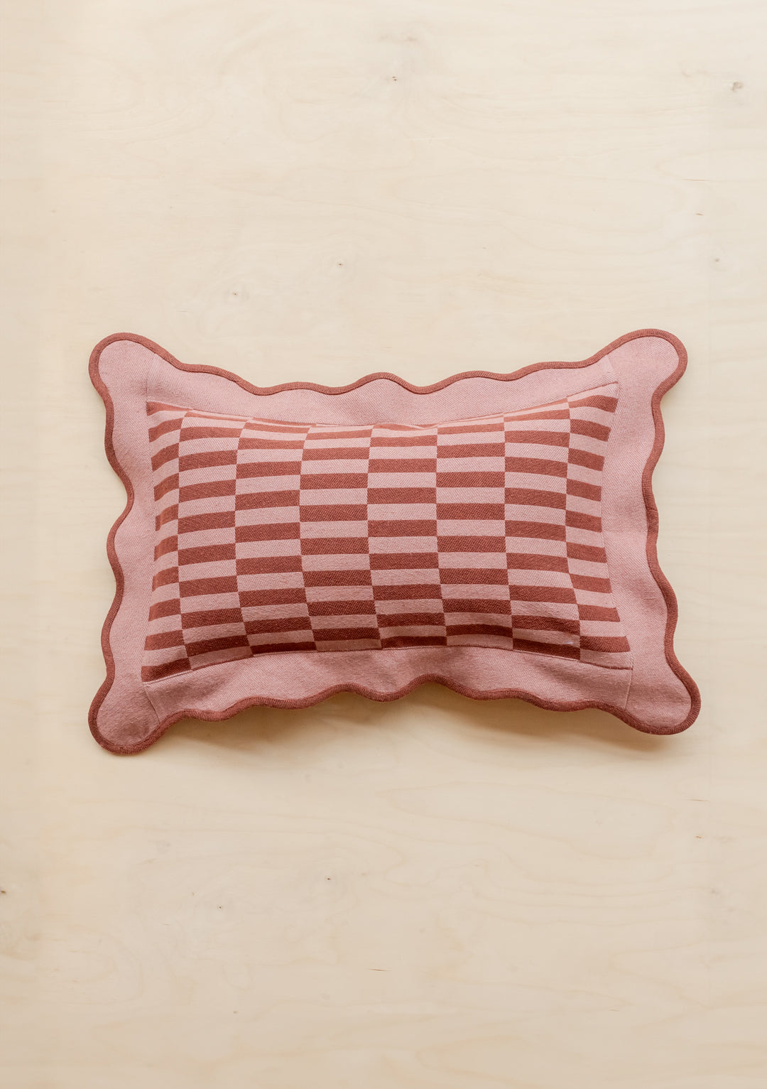 TBCo Rose Checkerboard Cotton Cushion Cover with scalloped edges in dusty pink, featuring geometric pattern design