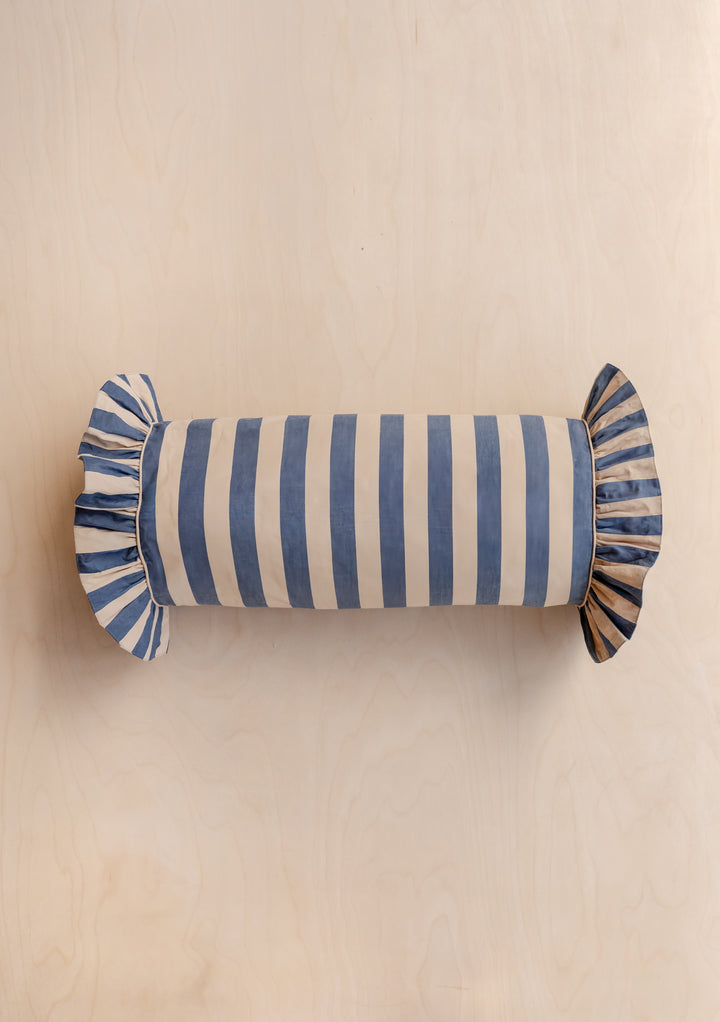TBCo Cotton Cushion Cover in Navy Stripe features alternating blue and off-white vertical stripes with ruffled ends, designed for versatile styling.