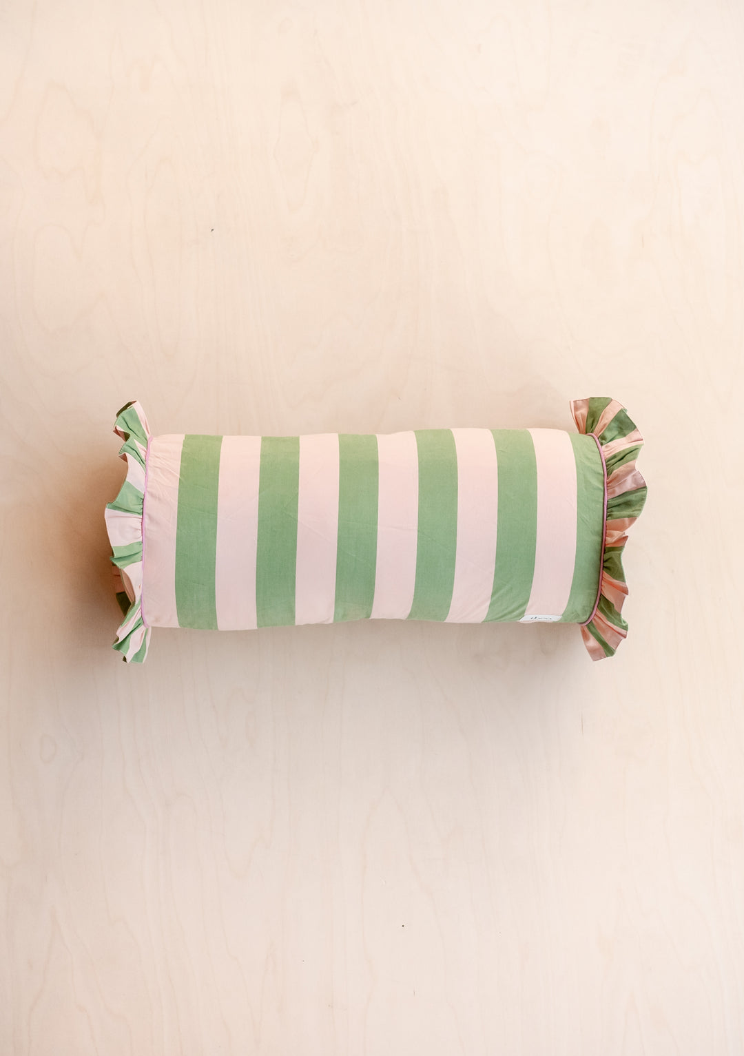 TBCo Cotton Bolster Cushion Cover featuring green and pink stripes with decorative ruffle trim on both ends