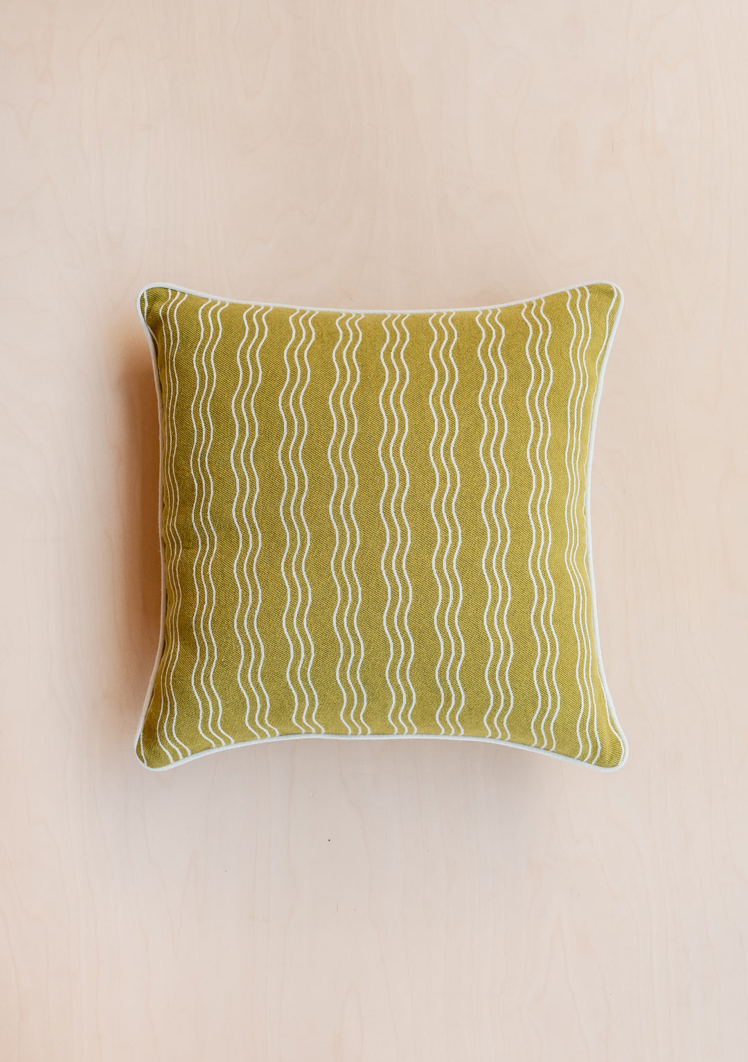 TBCo Cotton Cushion Cover in Olive Wave featuring vertical wavy stripes on sustainable cotton-blend fabric, white piping trim