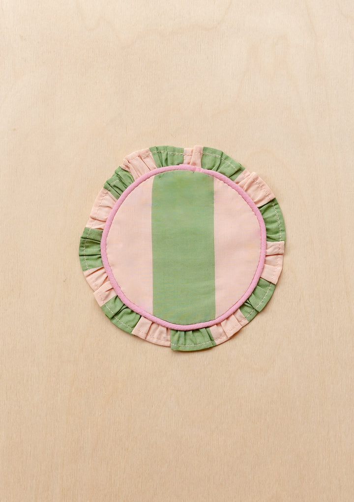 TBCo cotton coasters in green stripe featuring a soft woven texture design . Designed for stylish and practical table protection, these eco-friendly coasters add warmth and sophistication to any home decor.