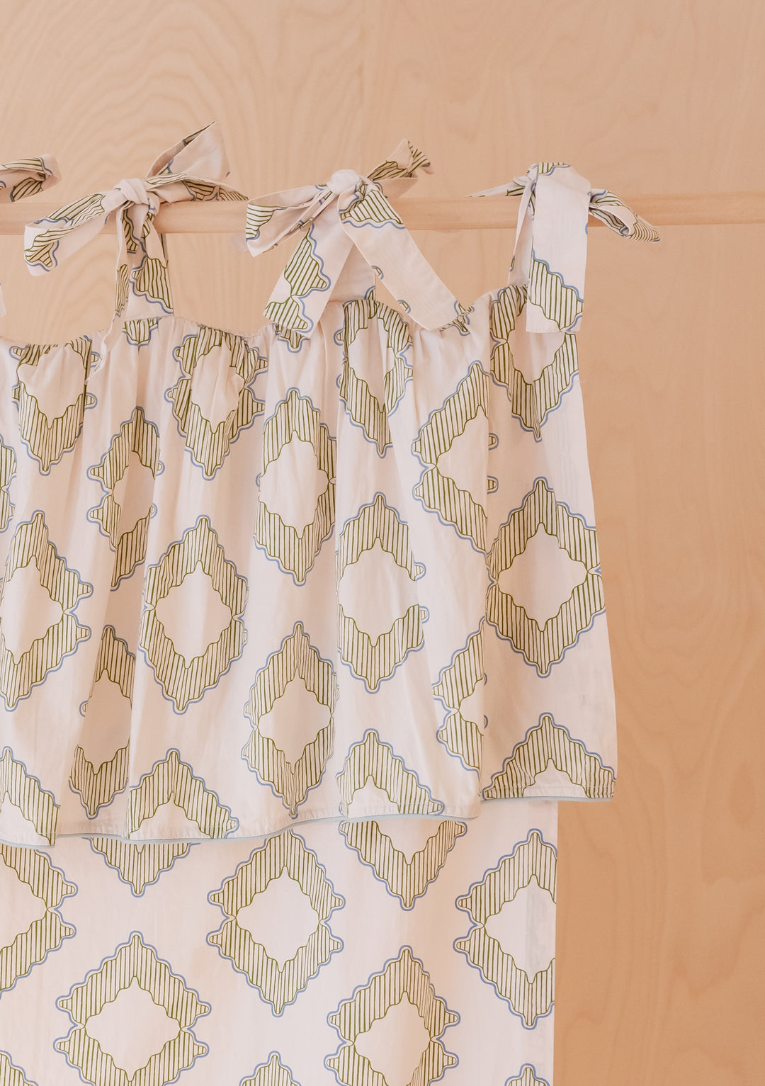 Pair of Cotton Tie-Top Curtains in Green Diamond by TBCo, featuring soft cotton fabric and subtle green diamond print details