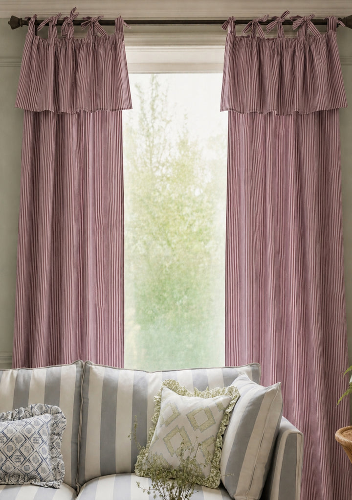 Pair of Cotton Tie-Top Curtains in Fig Micro Stripe