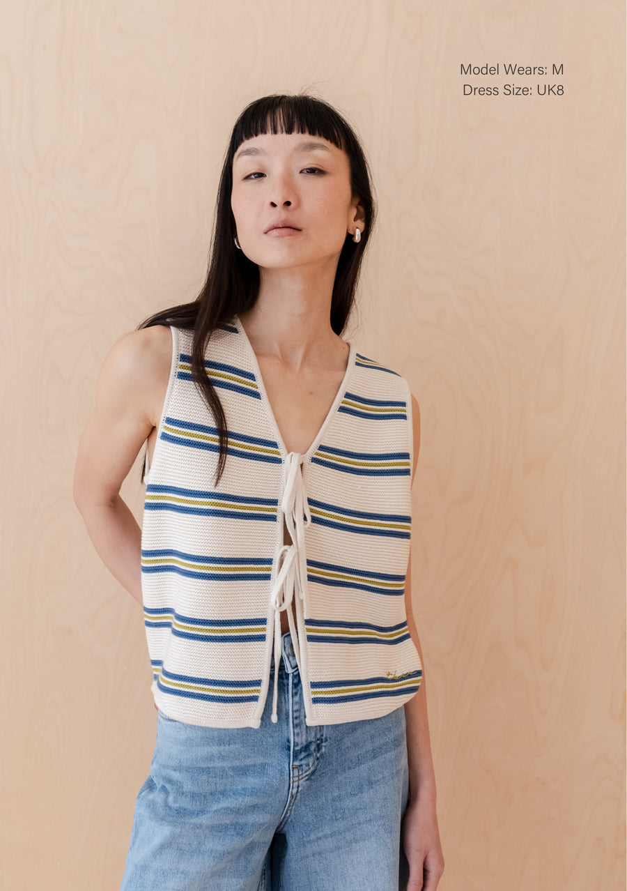 Entro Steel Blue Embroidered Front Tie Cotton Vest