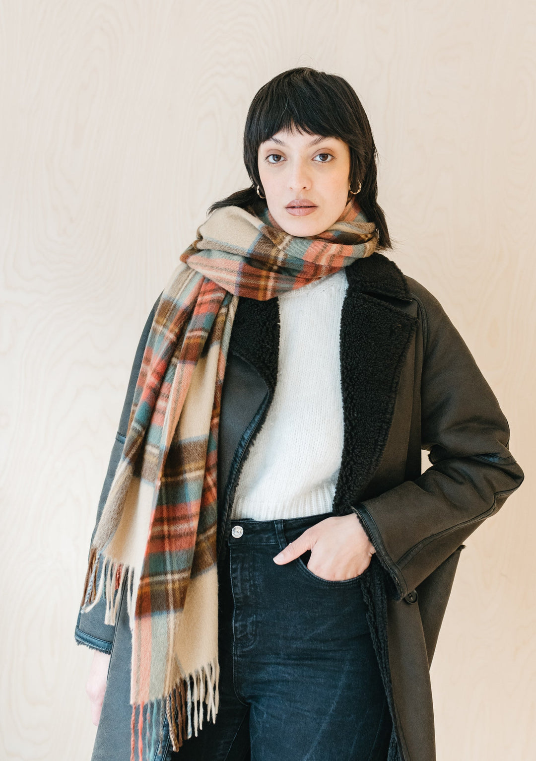 TBCo Cashmere Blanket Scarf in Stewart Dress Antique Tartan draped elegantly showing traditional plaid pattern in camel and brown tones