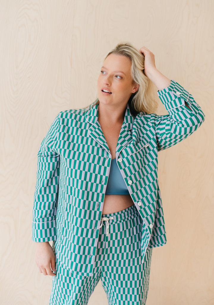 Pre-Order Cotton Pyjamas in Teal Checkerboard - Top