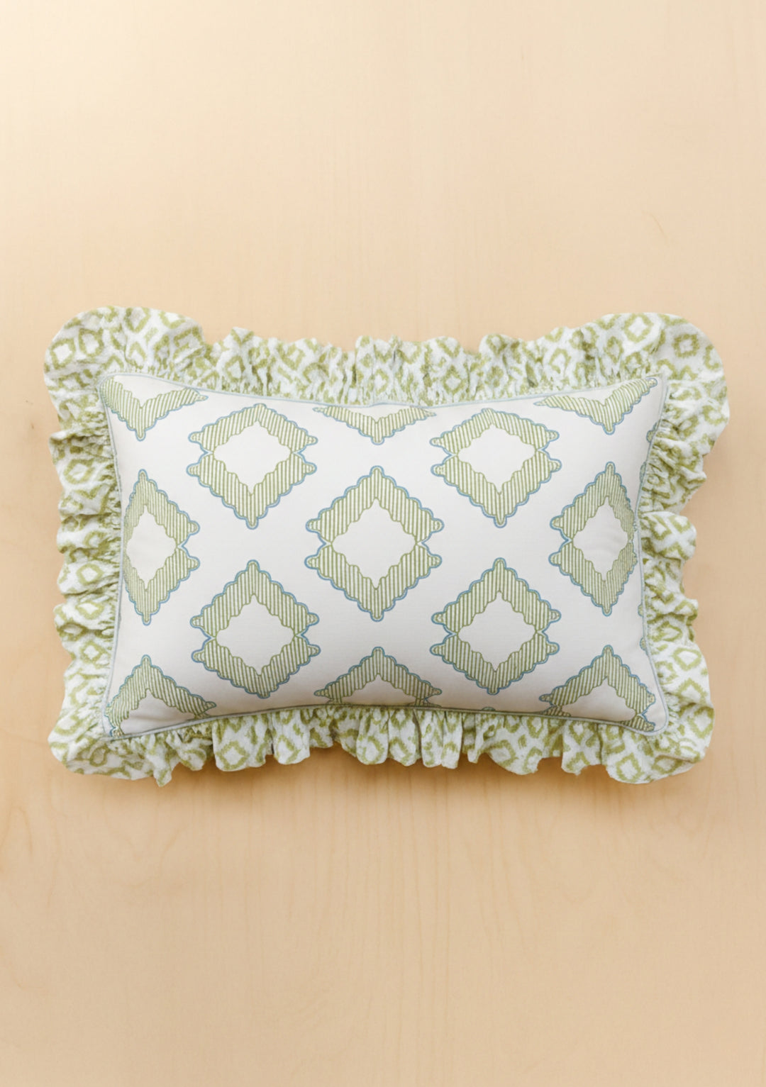 Cotton Duvet Cover & Pillowcases Set in Green Diamond close-up on pillowcase with ruffled edges in portrait orientation