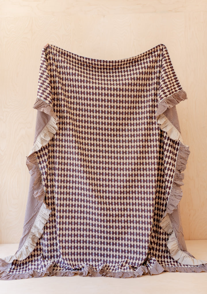 Cotton Duvet Cover in Camel Harlequin by TBCo, soft 100% cotton with ruffled edges and reversible pattern.