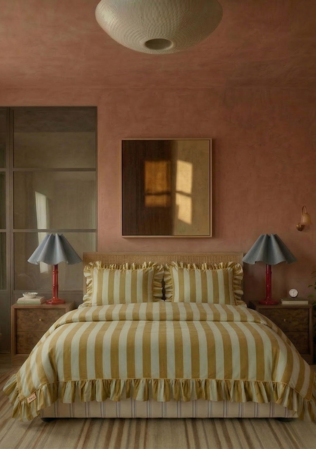 Cozy bedroom outfitted with TBCo Cotton Duvet Cover & Pillowcases Set in Mint Stripe featuring soft ruffles and wide striped design