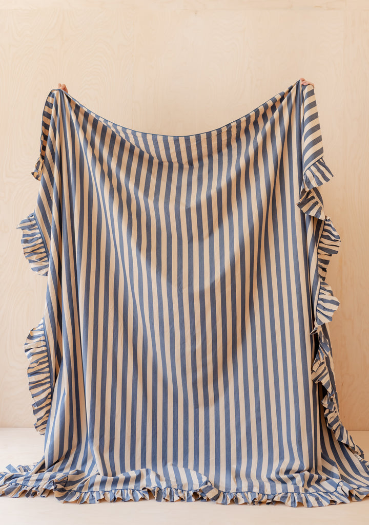 Cotton Duvet Cover in Navy Stripe by TBCo, soft breathable cotton with ruffled edges and concealed button closure