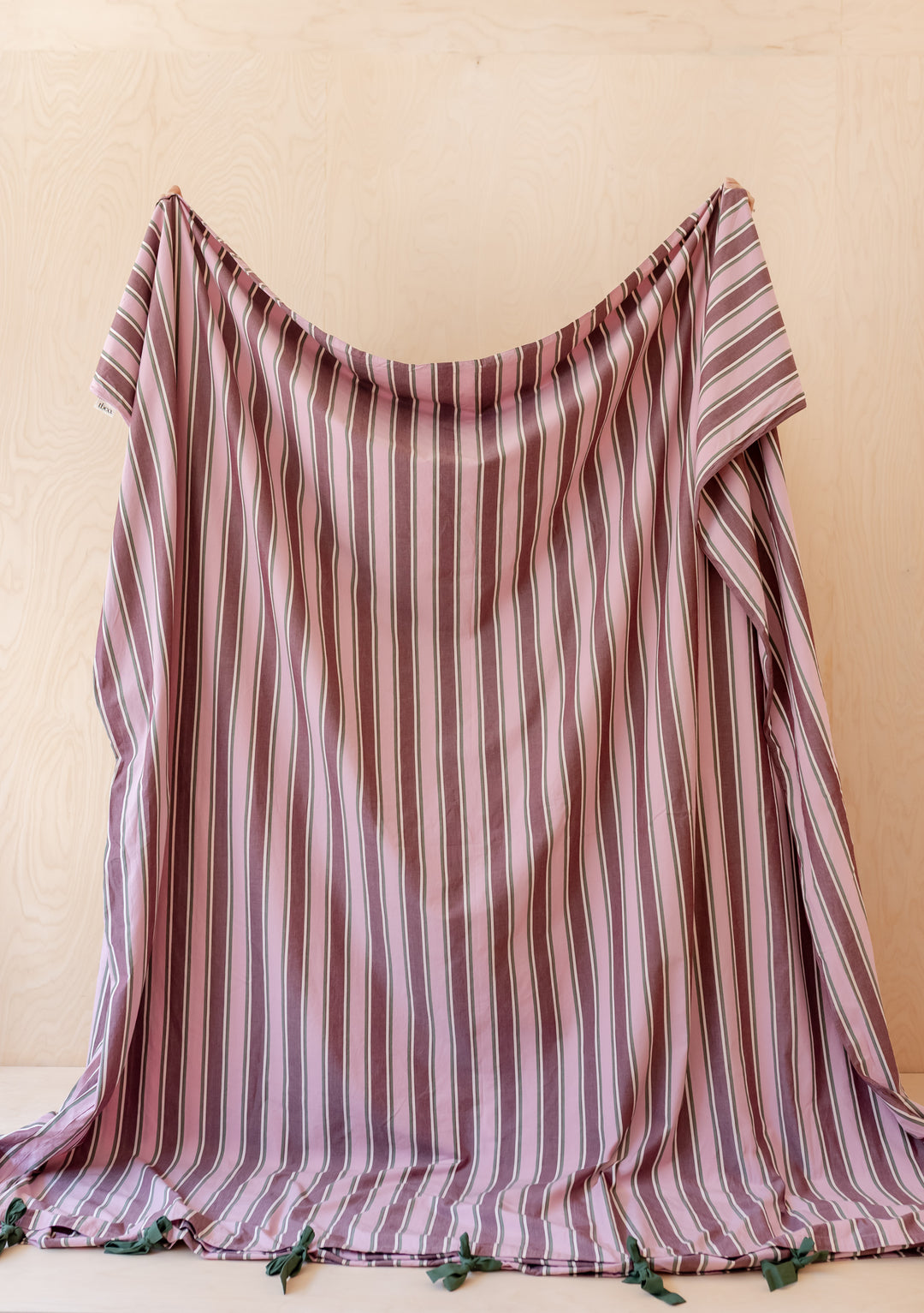 Cotton Duvet Cover in Pink Stripe by TBCo, soft breathable 100% cotton with pink and burgundy stripes and tie closures.