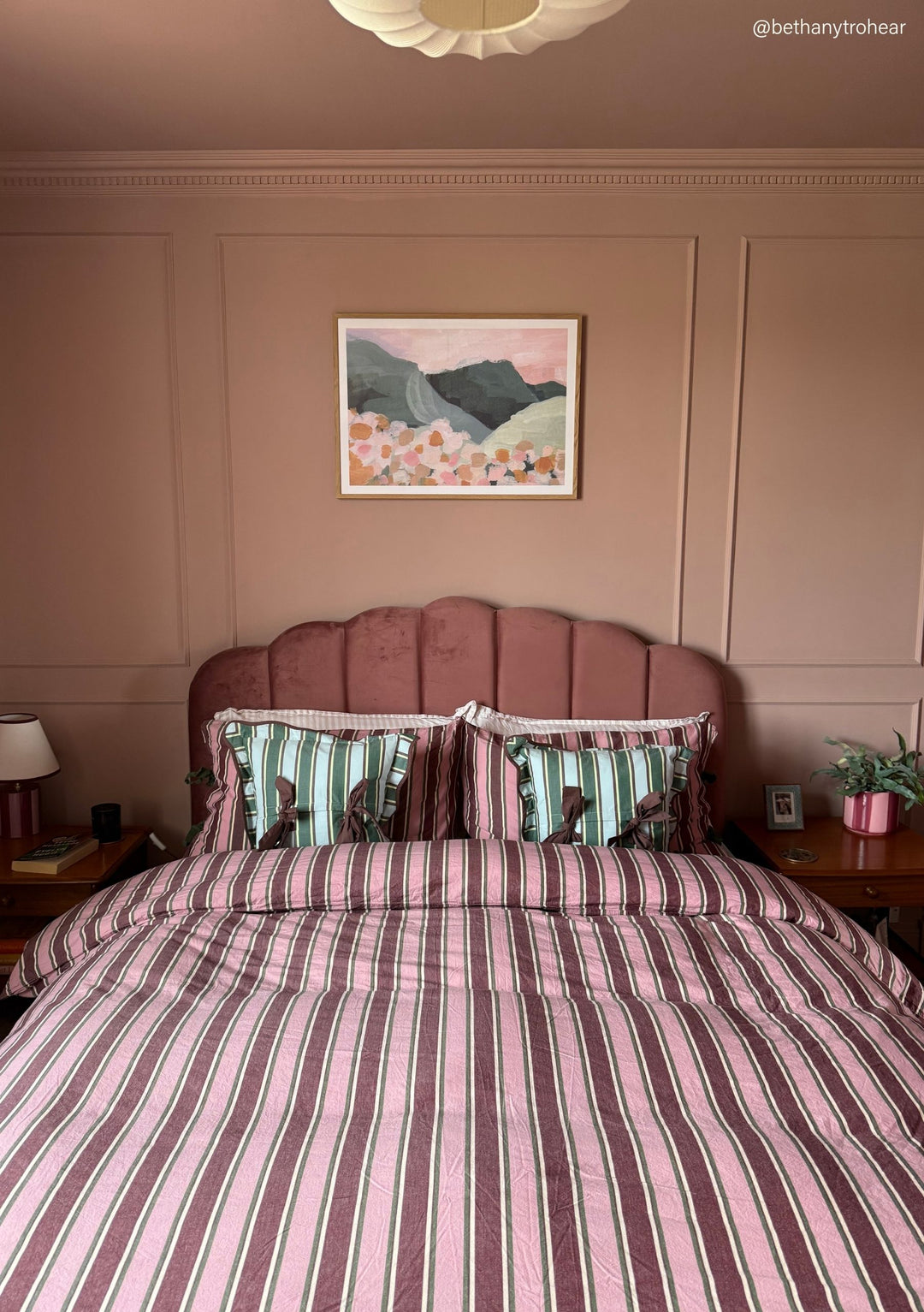 TBCo Cotton Duvet Cover & Pillowcases Set in Pink Stripe styled on bed with matching cushions and soft pink decor