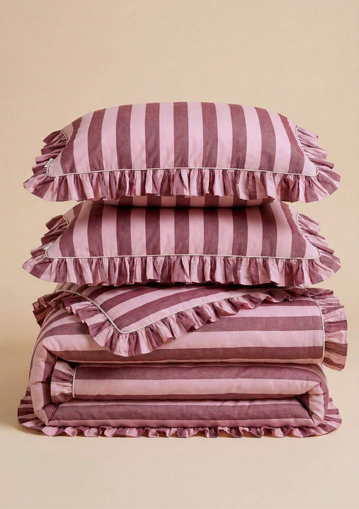 Cotton Duvet Cover & Pillowcases Set in Pink & Burgundy Stripe