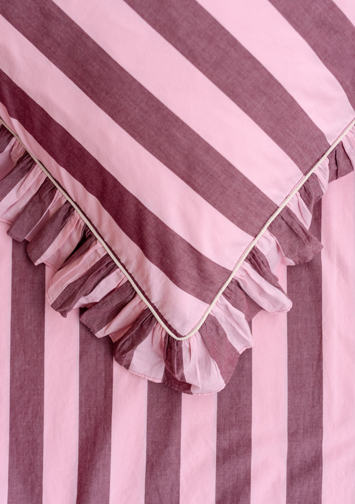 Cotton Duvet Cover & Pillowcases Set in Pink & Burgundy Stripe