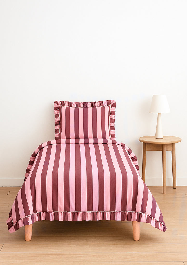 Cotton Duvet Cover & Pillowcases Set in Pink & Burgundy Stripe