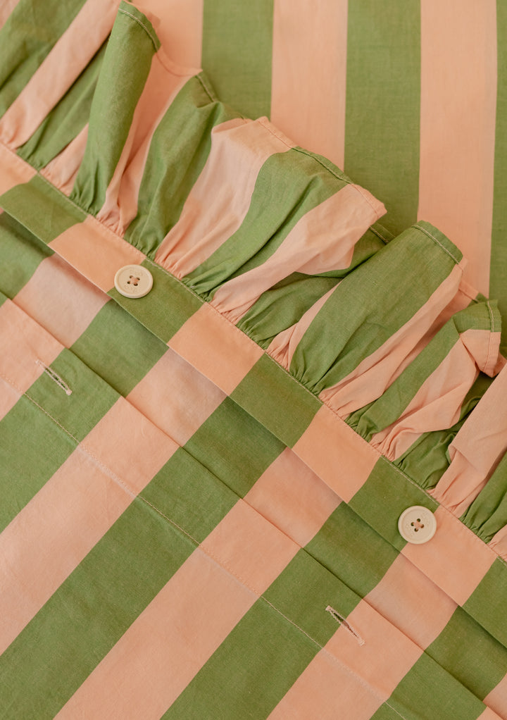 Close-up of TBCo Cotton Duvet Cover & Pillowcases Set in Green Stripe showing ruffle edge and button details