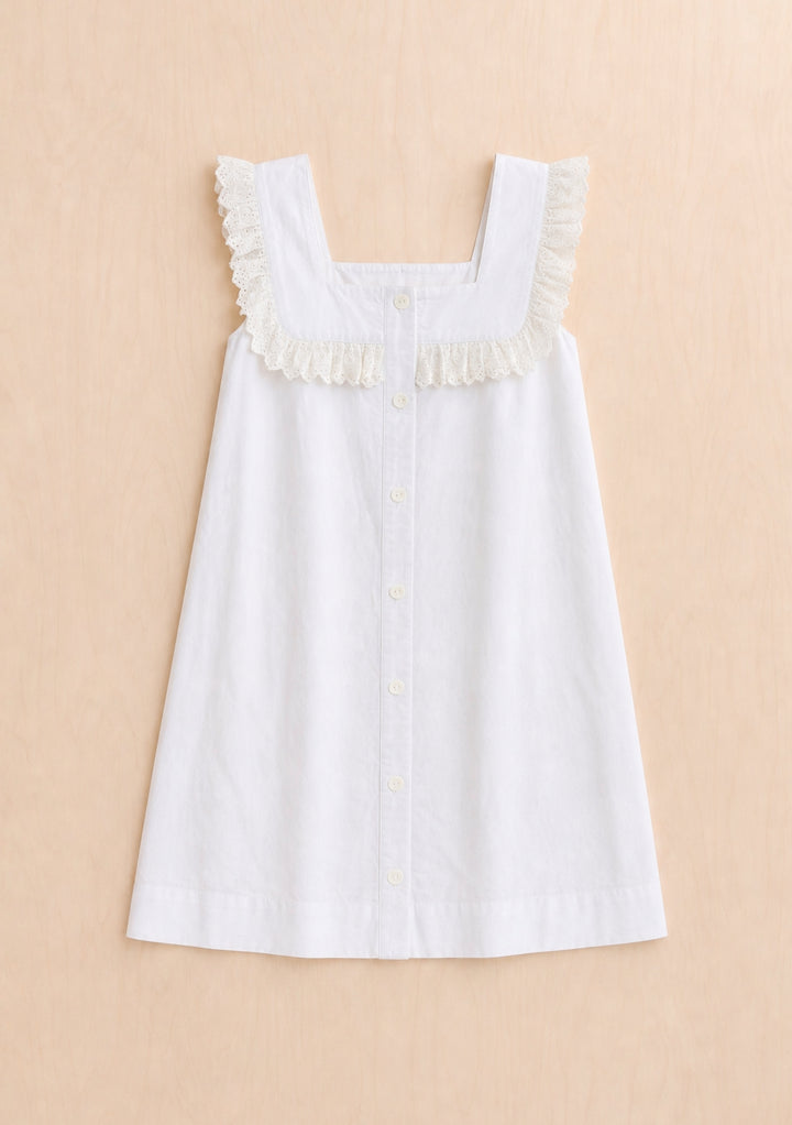 TBCo Cotton Broderie Sleeveless Dress in White with delicate lace trim, natural and recycled fibres, Certified B-Corp, women-founded, designed to make an impact