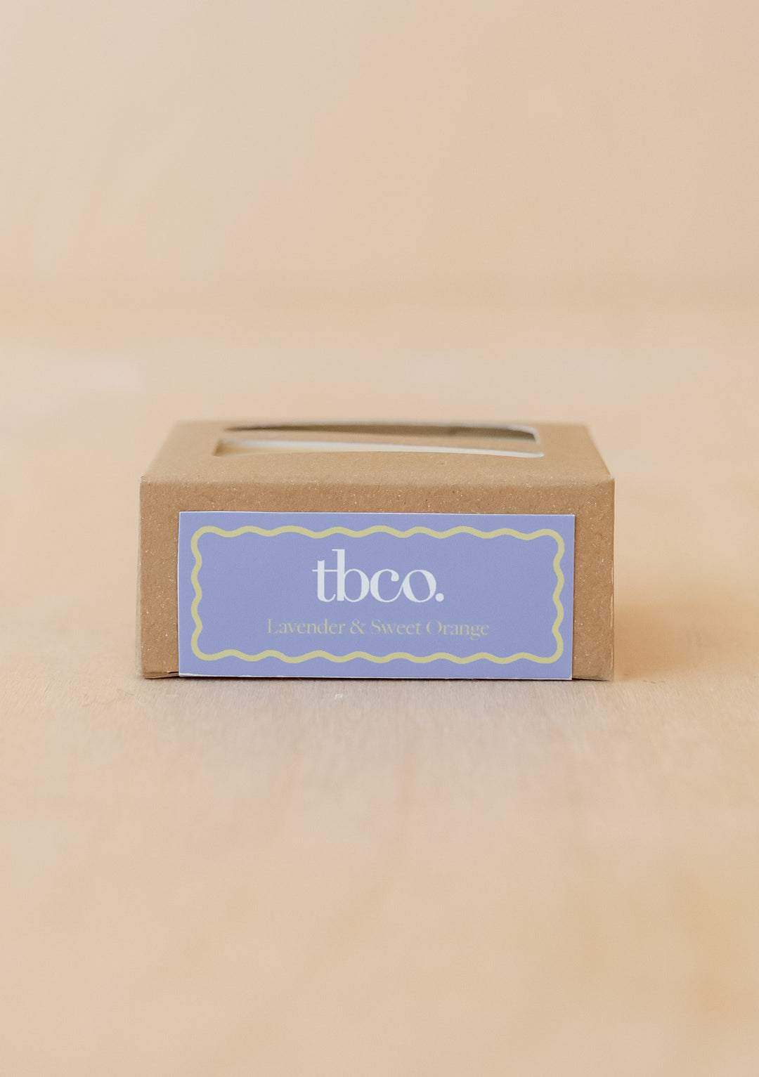 TBCo Lavender & Sweet Orange Soap in kraft box with purple label, natural organic handmade soap bar packaging