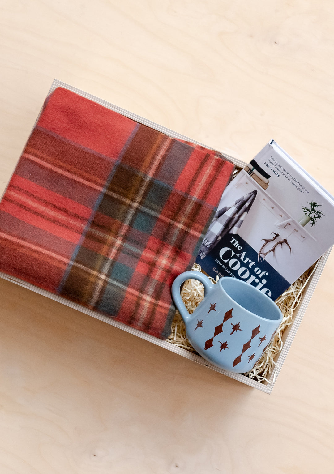 TBCo Ready-Made Gift Box For Him featuring tartan lambswool scarf, Coorie book and celestial blue mug in presentation box