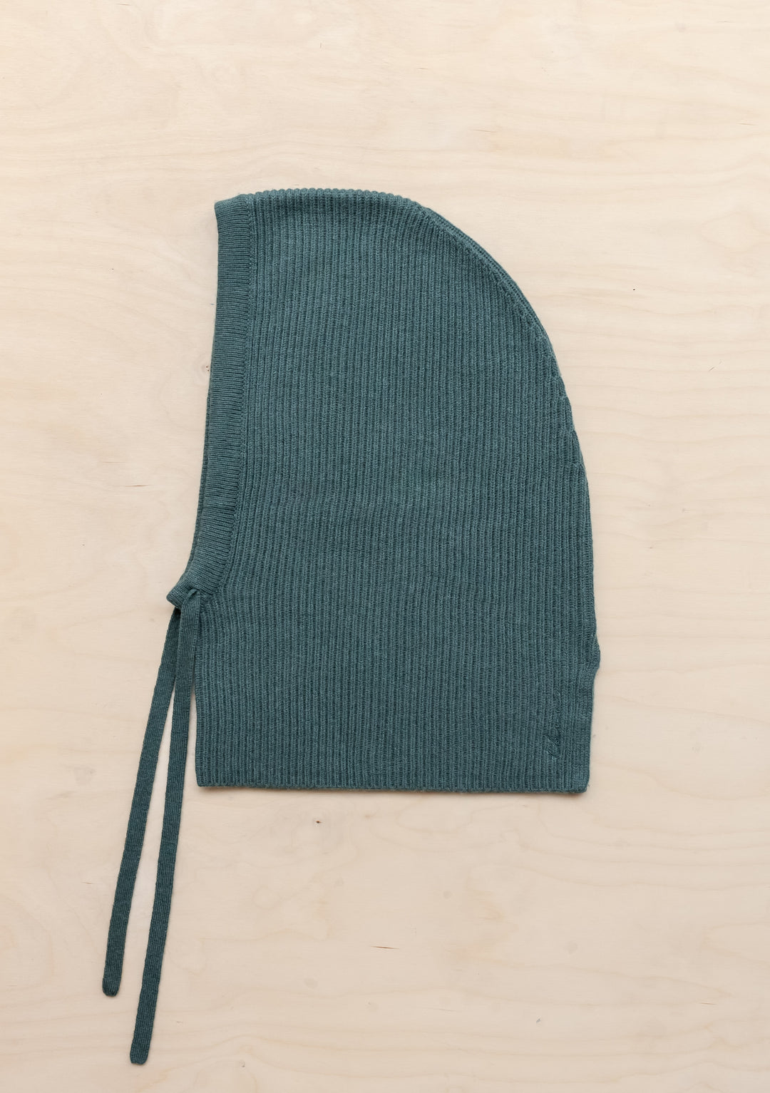 TBCo Merino Hood in Green, ribbed knit winter head covering with ties, made from soft pure merino wool