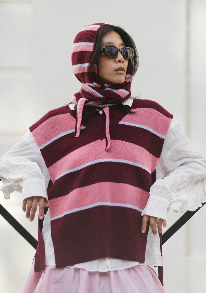 TBCo x Liu Merino Vest in Burgundy Stripe
