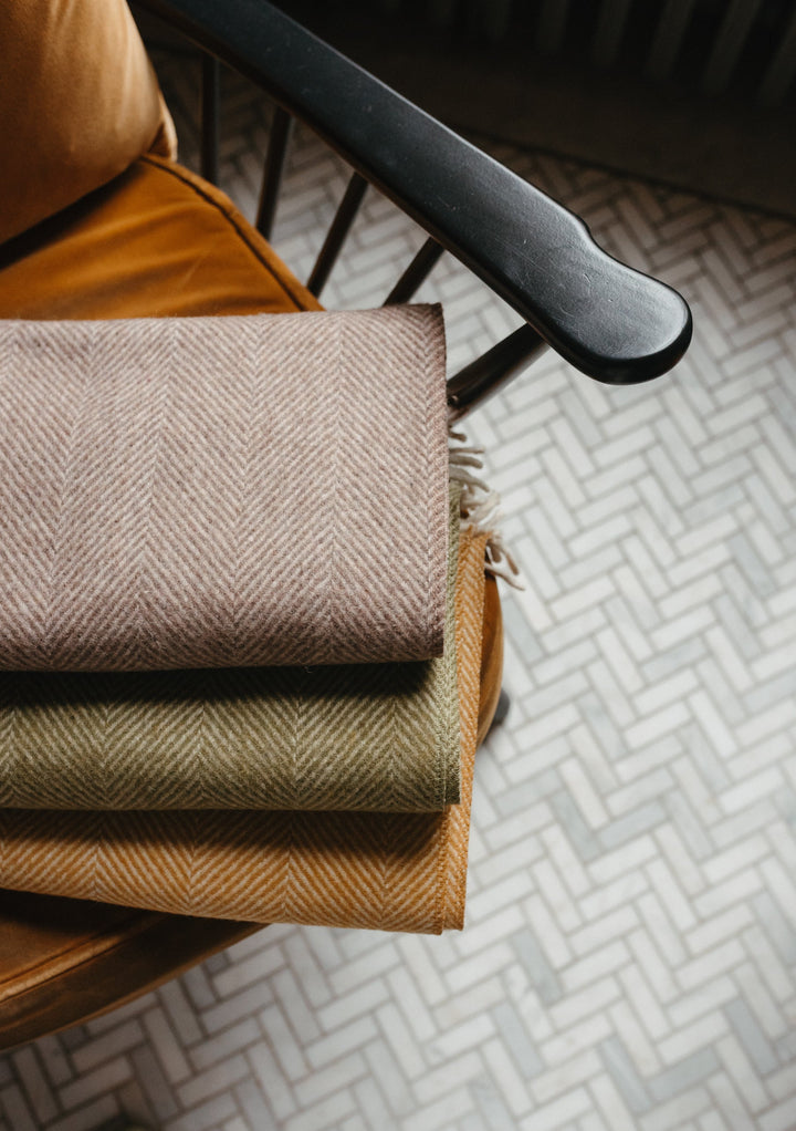 Recycled Wool Blanket in Mustard Herringbone - TBCo 