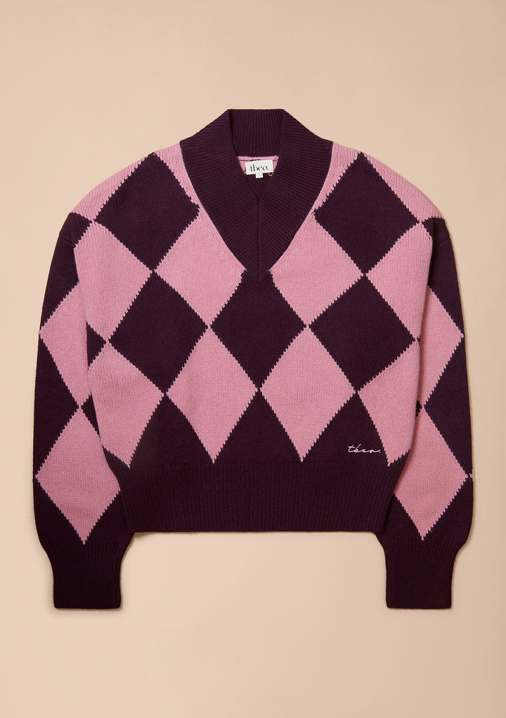Merino Wool V-Neck Cropped Jumper in Pink & Fig Argyle