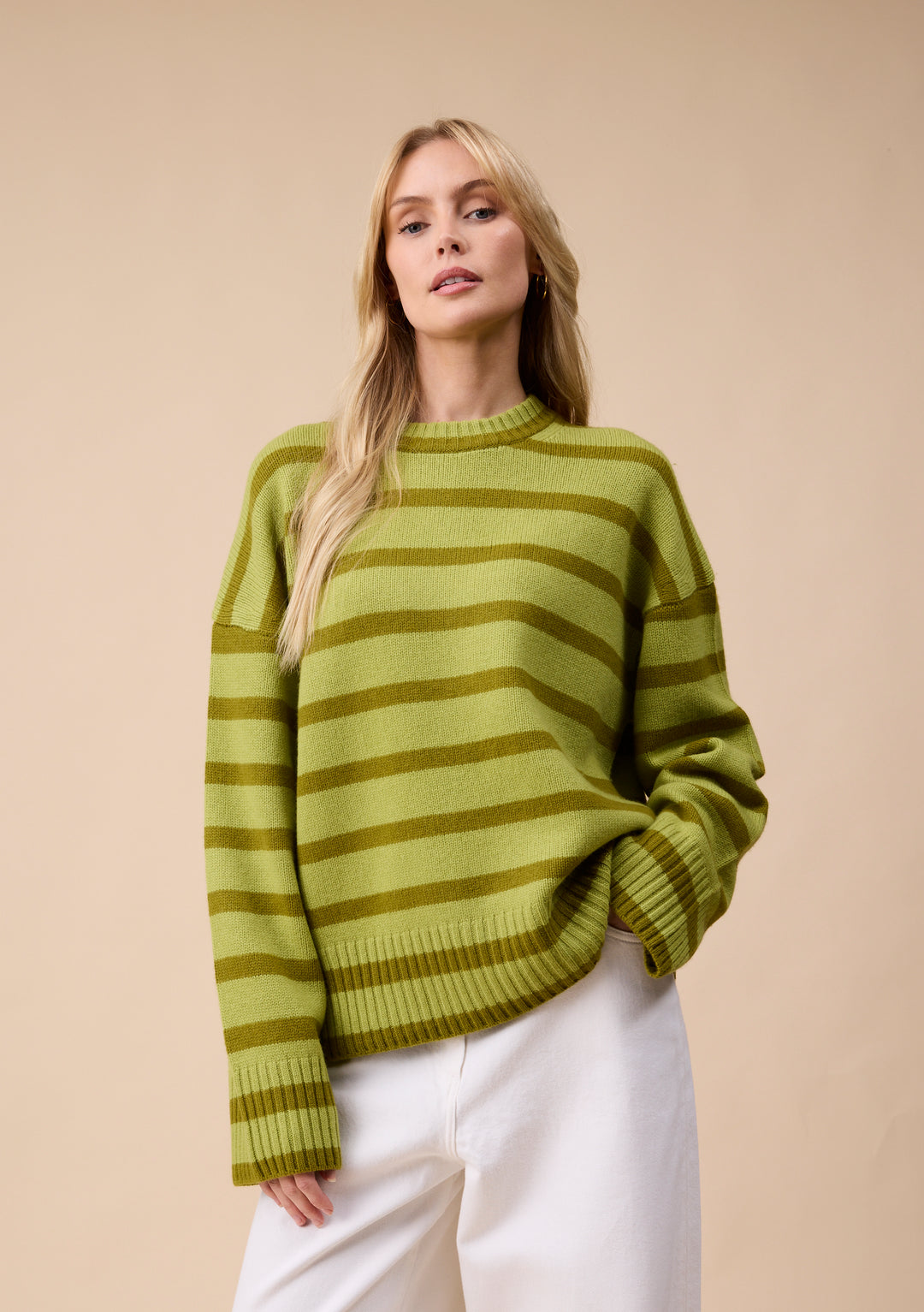 Merino Wool Crew Neck Jumper in Green Stripe